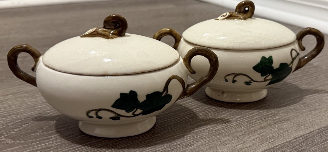 Vintage Metlox Pottery Poppytrail California Ivy Handpainted Sugar Bowl X2 W/lid