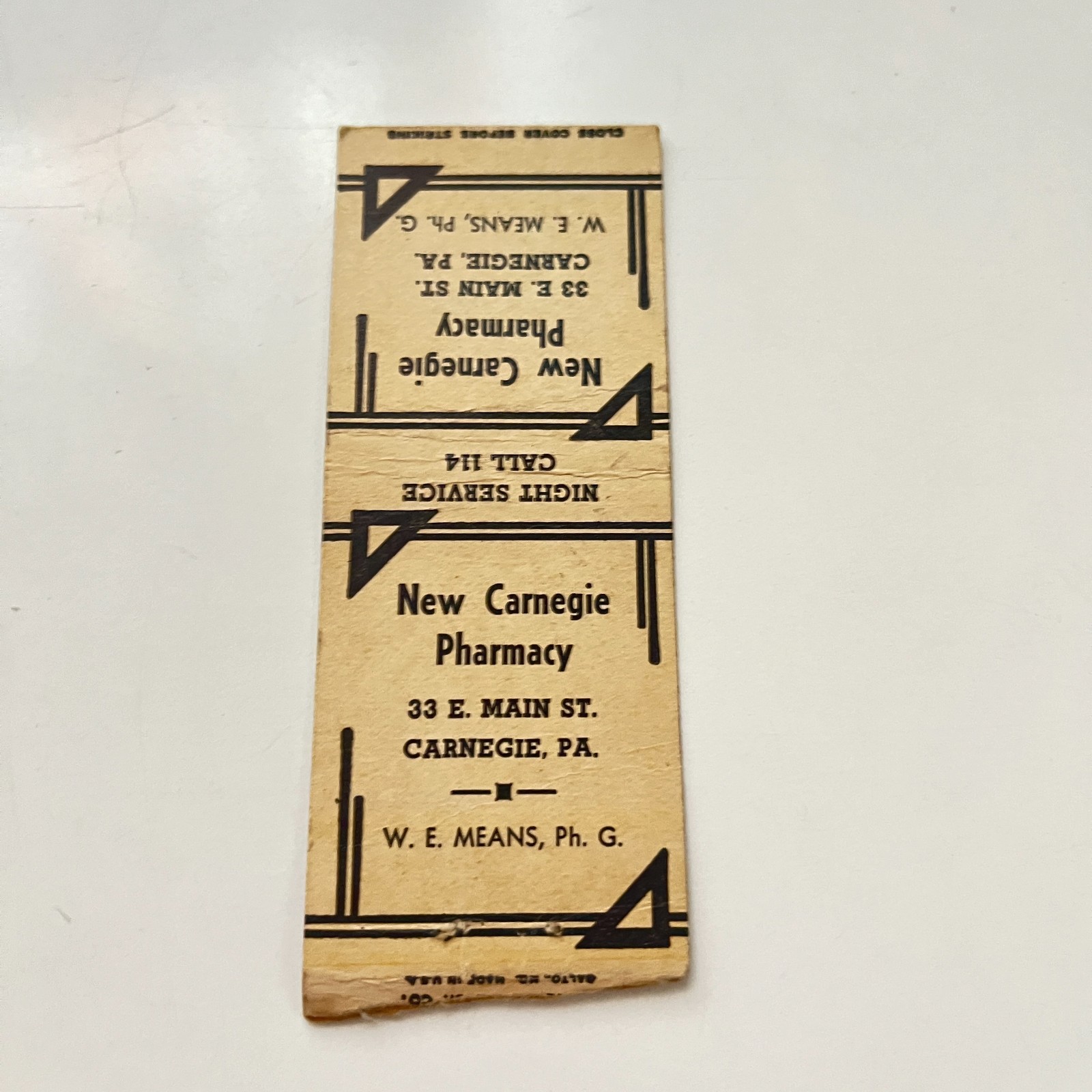New Carnegie Pharmacy WE Means Carnegie PA Vintage Matchbook Cover TMB55-6 New Carnegie Pharmacy WE Means Carnegie PA Vintage Matchbook Cover TMB55-6