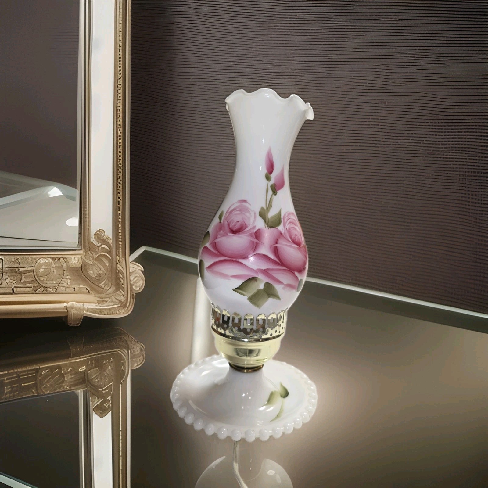 VTG Hand-Painted Milk Glass Hurricane Boudoir Lamp MCM Cottagecore 1950s VTG Hand-Painted Milk Glass Hurricane Boudoir Lamp MCM Cottagecore 1950s