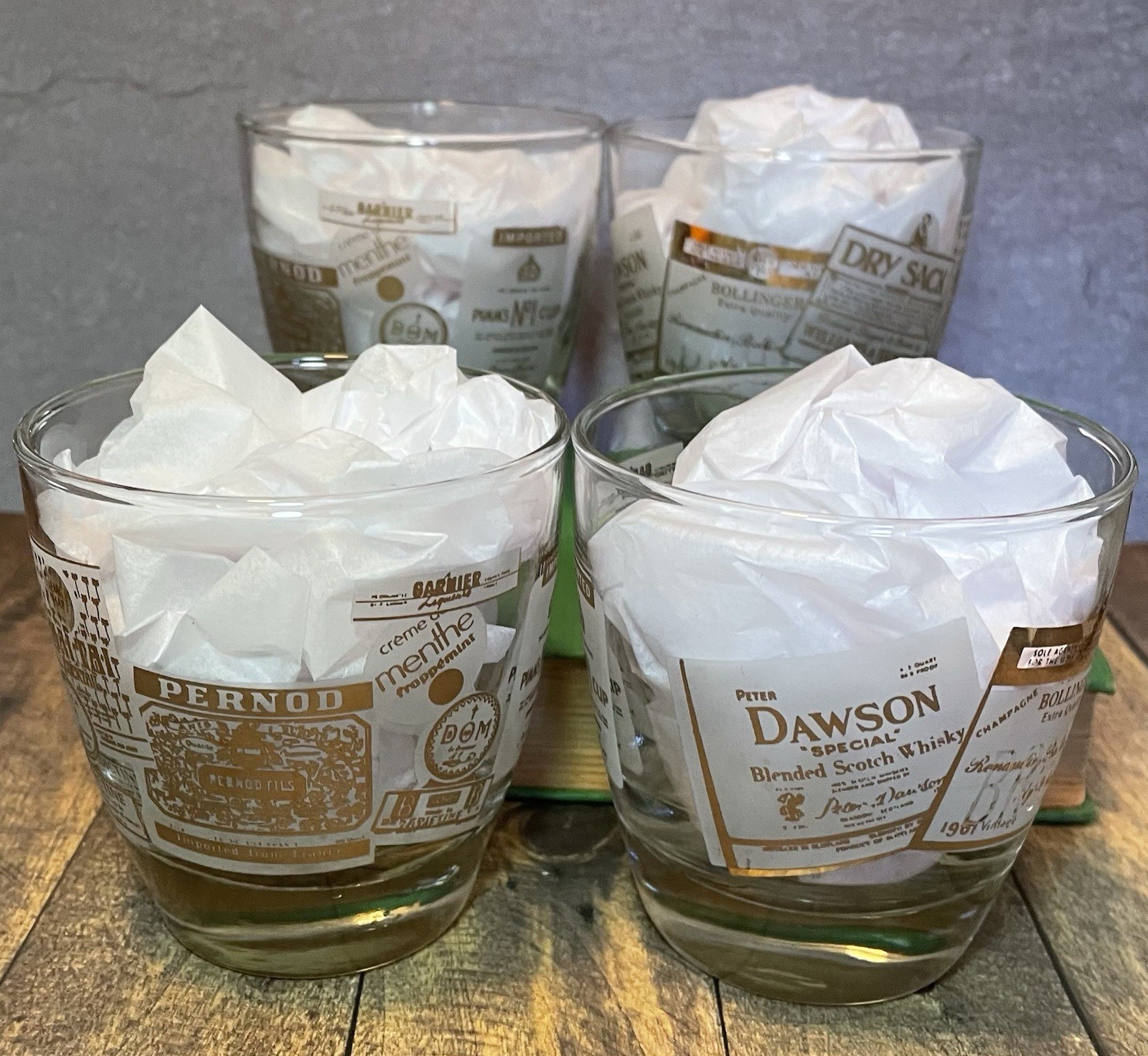 4 Vintage MCM Rocks Glass Tumblers Advertising Logos Bollinger Dawson Dry Sack