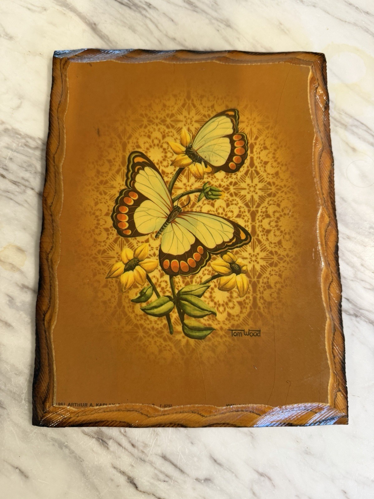 Vintage 1981 Tom Wood Butterfly Floral Wood Plaque Arthur A Kaplan 6.5 x 8.5”