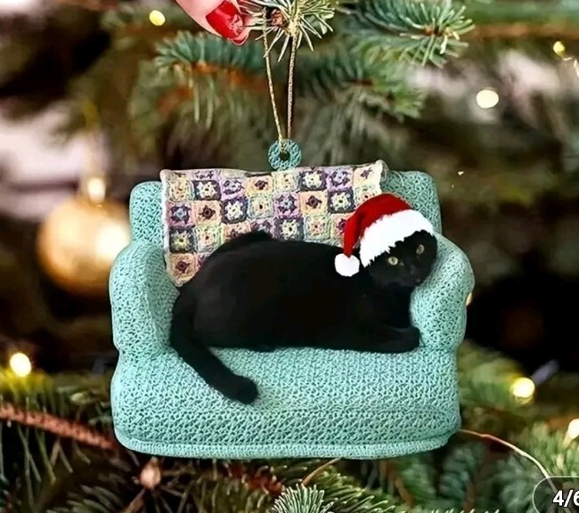 Charming Black Cat Christmas Tree Ornament - 2D Flat Acrylic Holiday Pendant - Charming Black Cat Christmas Tree Ornament - 2D Flat Acrylic Holiday Pendant -