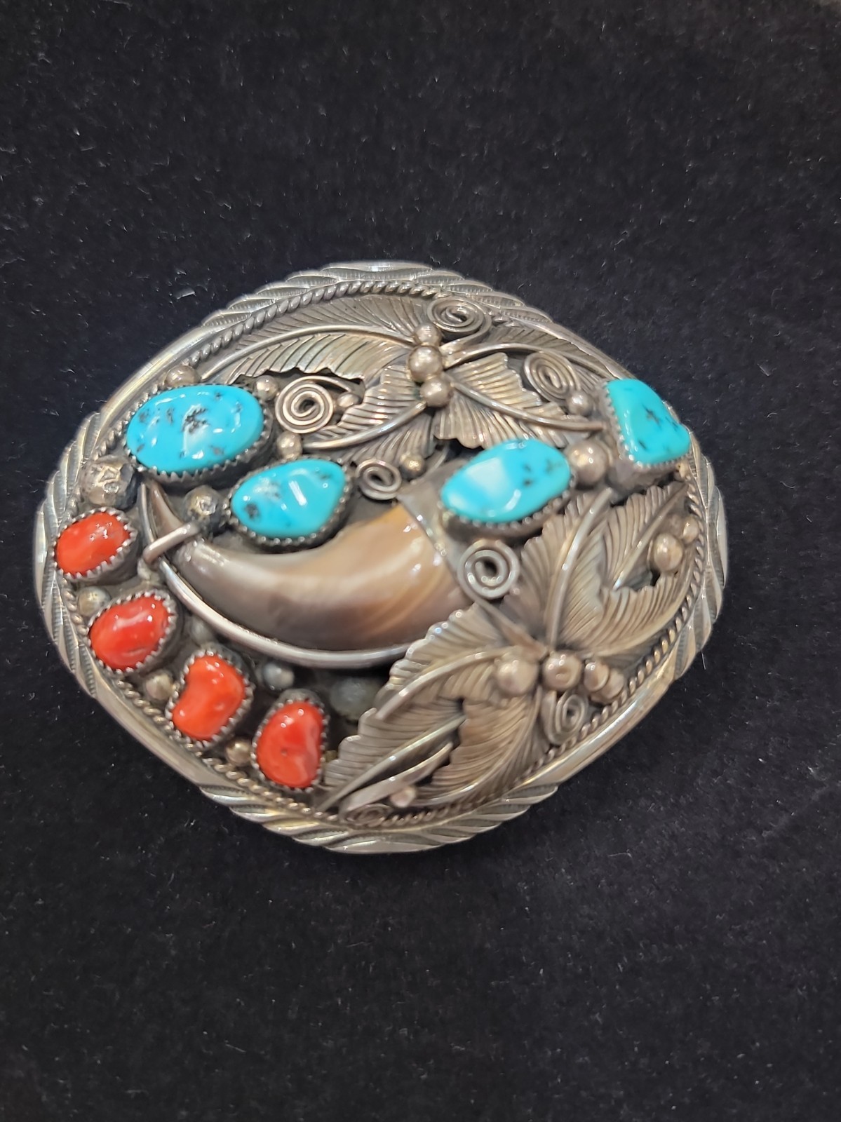 VTG Navajo Sterling Silver Bear Claw Belt Buckle Turquoise Coral 6.93 Grams