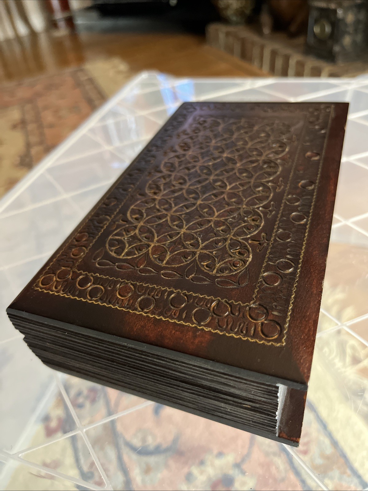 Wooden Book Shaped Jewelry Trinket Box Ornate Gold Scroll Inlay Yellow Lined