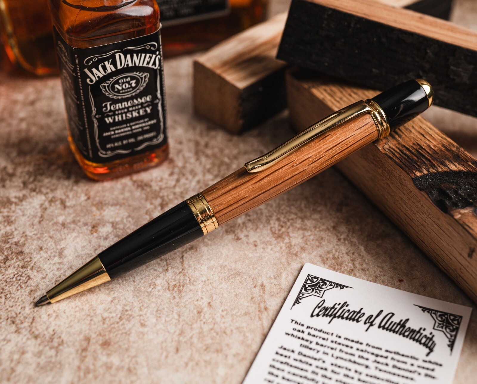 Genuine Jack Daniels White Oak Barrel Hand Turned Ballpoint Twist Pen, Gold Genuine Jack Daniels White Oak Barrel Hand Turned Ballpoint Twist Pen, Gold