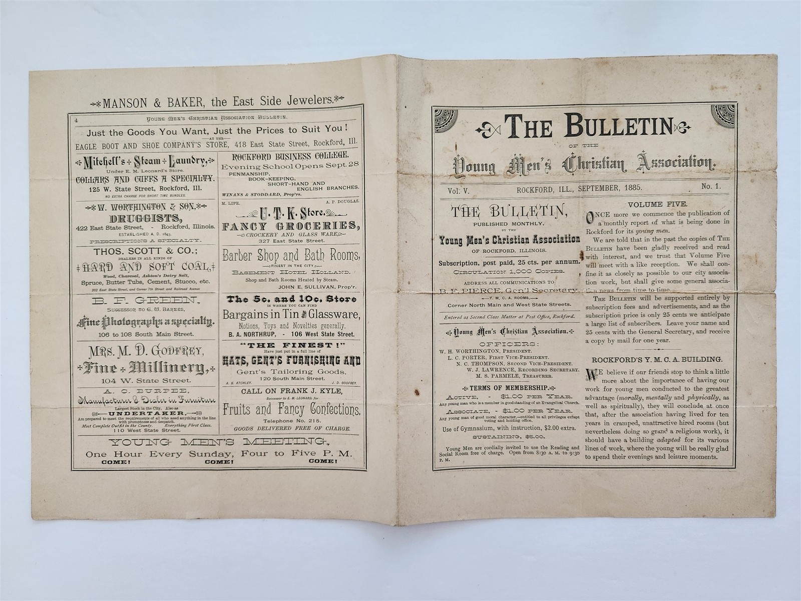 1885 antique YMCA BULLETIN rockford il YOUNG MEN'S CHRISTIAN ASSOC pamphlet ads