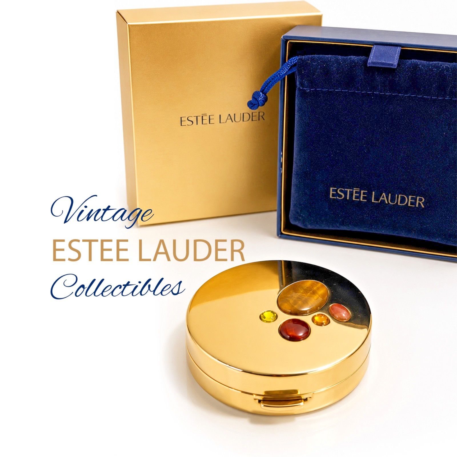 Estee Lauder Golden Jewel Lucidity Powder Compact Tiger Eye Stone Lid NIB Mint