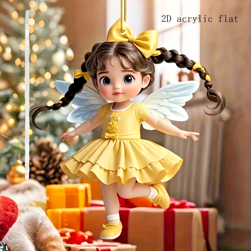 2D Acrylic Angel Girl in Yellow Dress Hanging Pendant for Car, Purse, Backpack