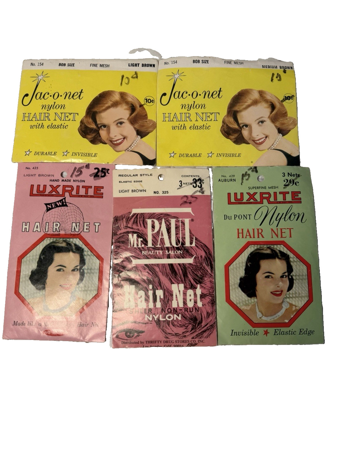 Vintage Hair Net Lot 5 Packs Jac-O-Net Luxrite Mr Paul Nylon Retro NOS