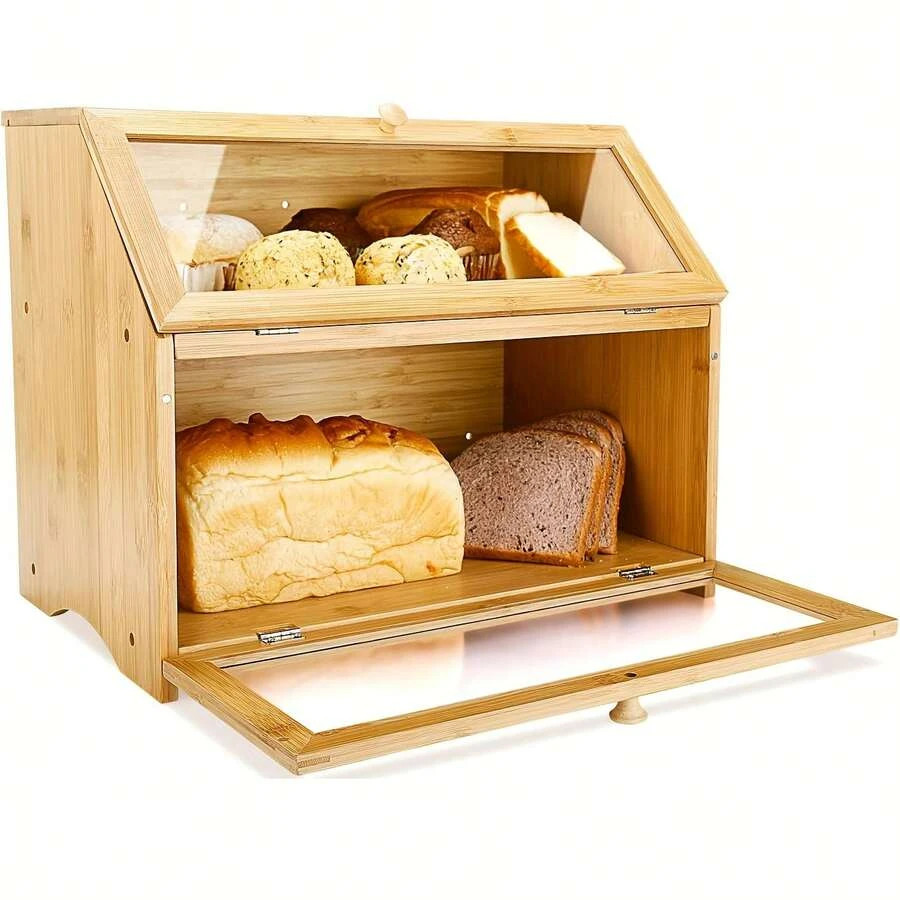 Large Double Layer Bread Box Acrylic Door Wood Kitchen Storage