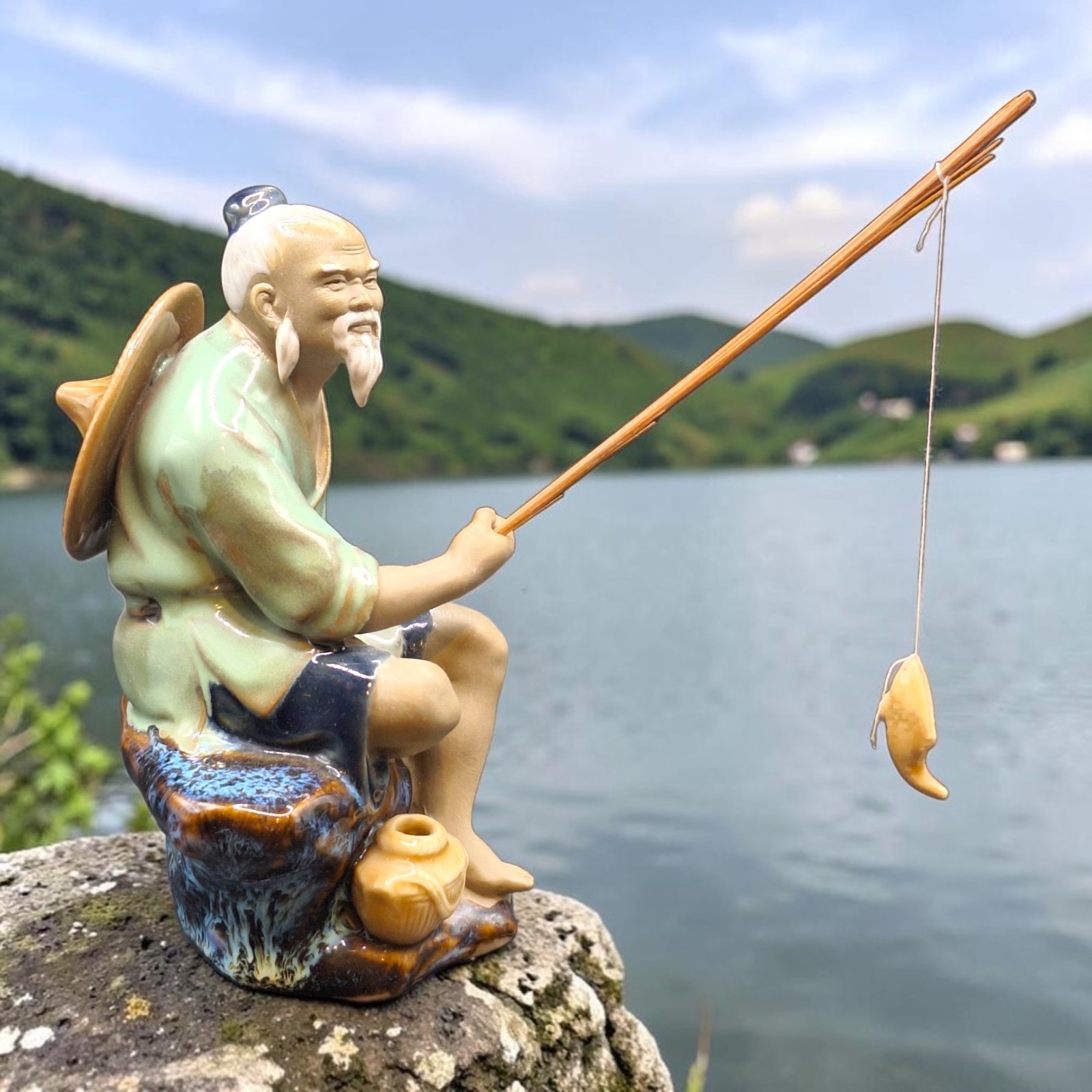Vintage Shiwan Chinese Fisherman Mudman Figurine w/ Pole & Fish, 1980s–90s 