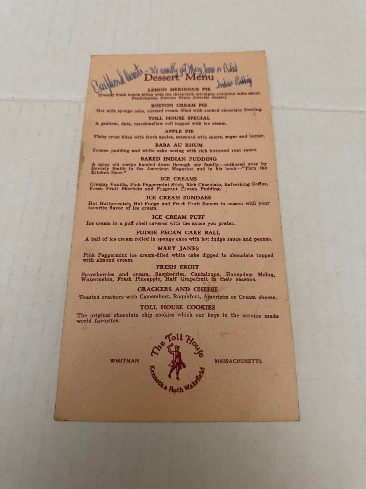 Vintage 1950's The Toll House Restaurant Dessert Menu Whitman Massachusetts