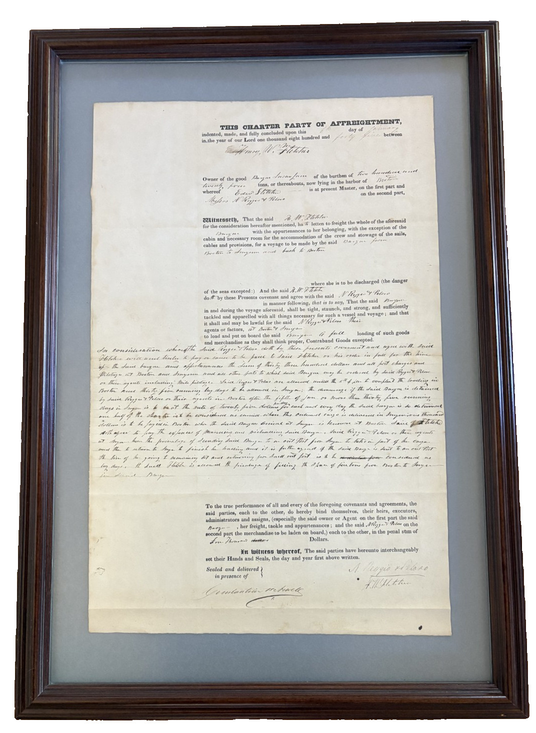 1845 Charter of Affreightment Maritime Shipping Document Framed -Original Signed