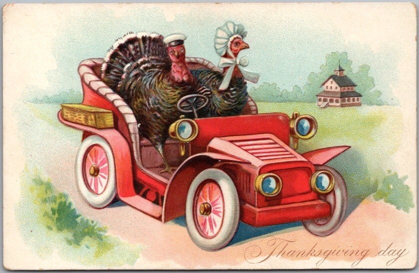 c1910s Tuck\'s THANKSGIVING Embossed Postcard / Turkey Couple in Red Automobile