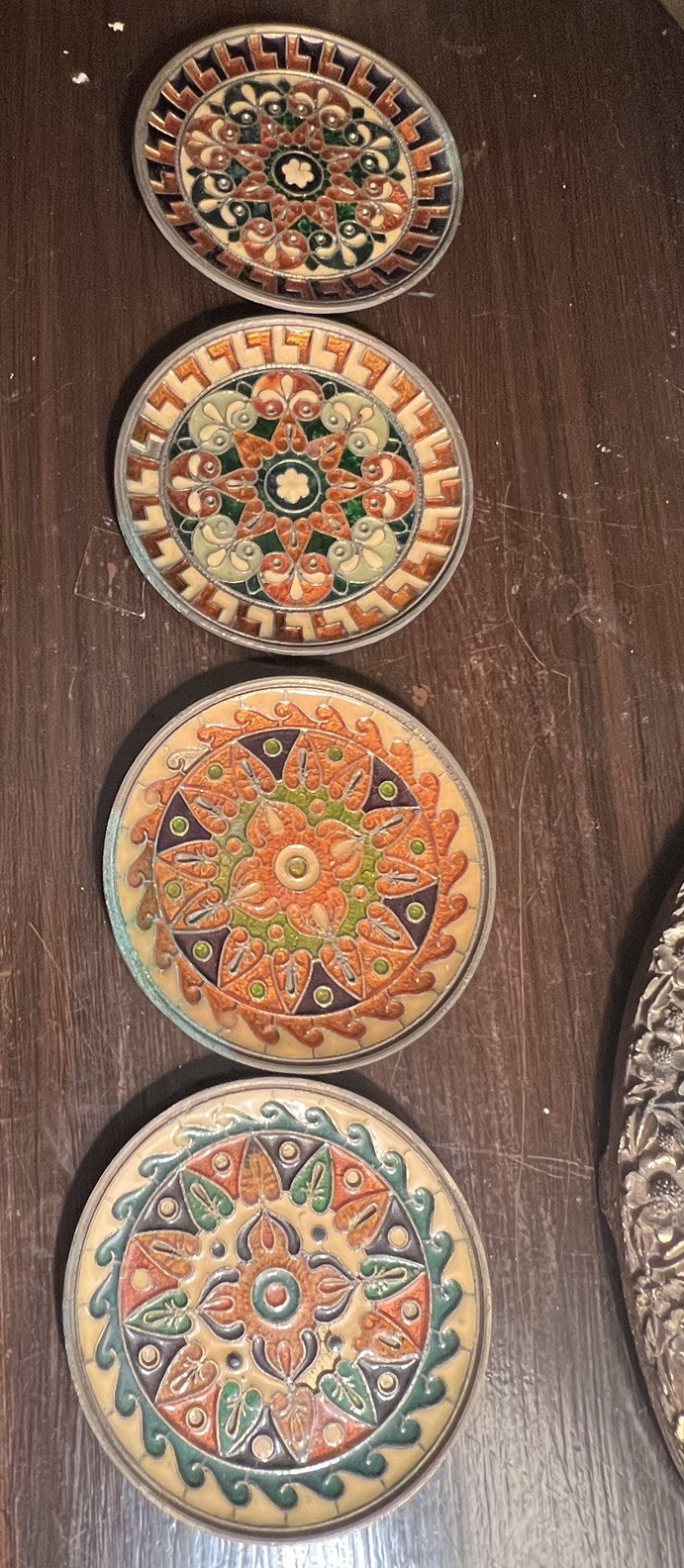4 Vintage Mid-Century Byzantine Cloisonne Enamel Brass Mini Trinket Wall Plates 4 Vintage Mid-Century Byzantine Cloisonne Enamel Brass Mini Trinket Wall Plates