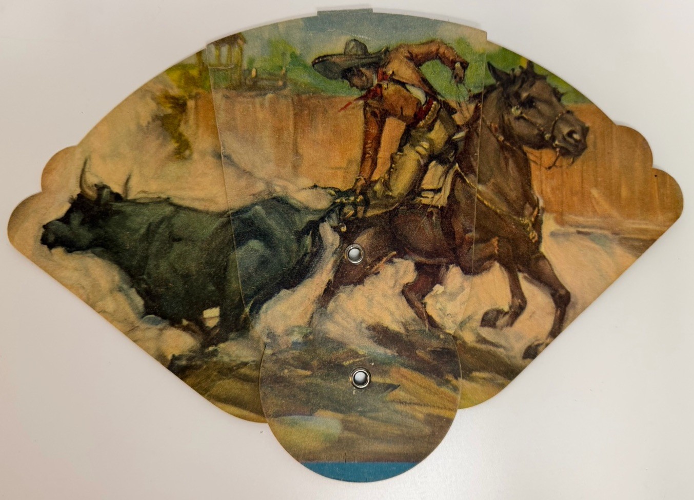 1950s TriFold Cardboard Hand Fan Salvador Valdez Monterrey Mexico Cowboy Art VTG