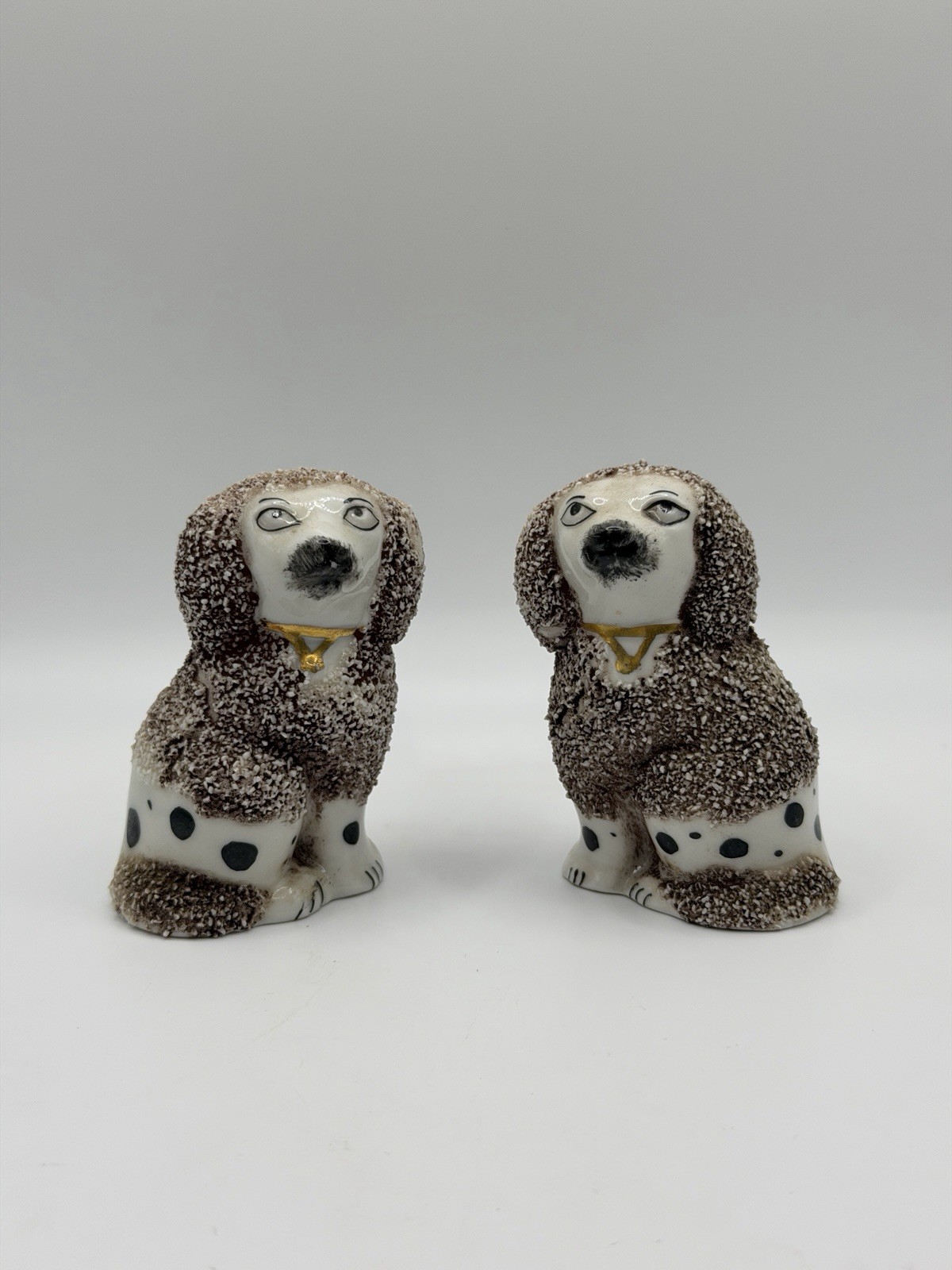 2 Antique Chelsea Porcelain Confetti Poodle Spaniel Dog Figurines Gold Anchor