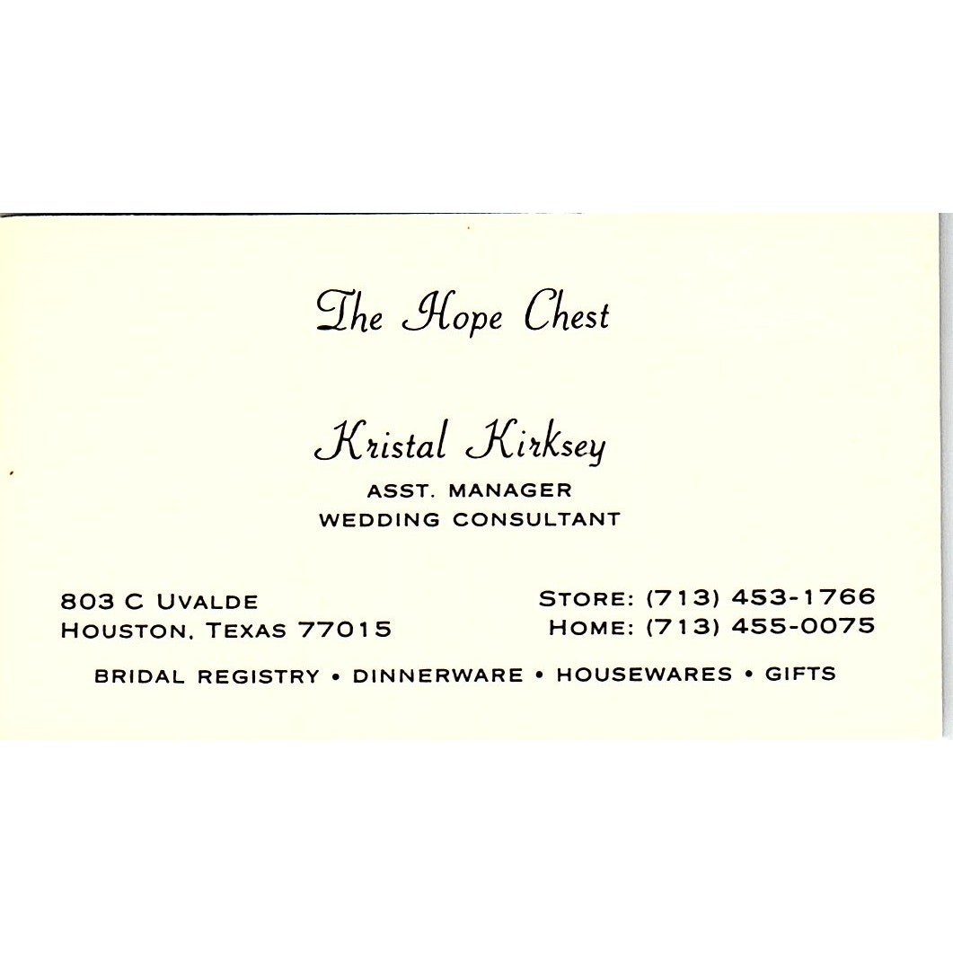 Kristal Kirksey The Hope Chest Bridal Shop Houston Vintage Business Card SE5-B5 Kristal Kirksey The Hope Chest Bridal Shop Houston Vintage Business Card SE5-B5
