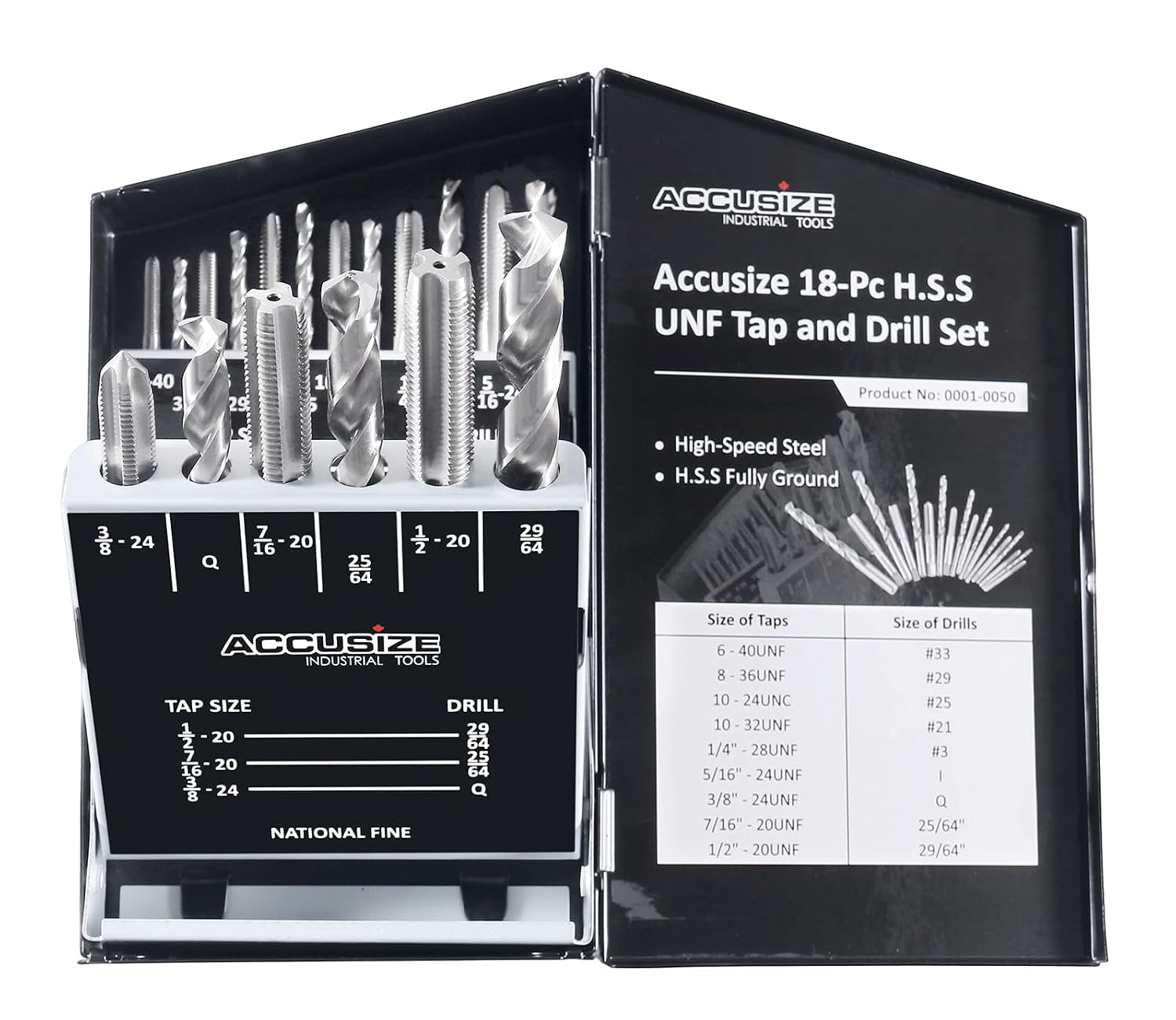 HSS Tap and Drill Set, UNF, 18 Pc, 0001-0050 HSS Tap and Drill Set, UNF, 18 Pc, 0001-0050