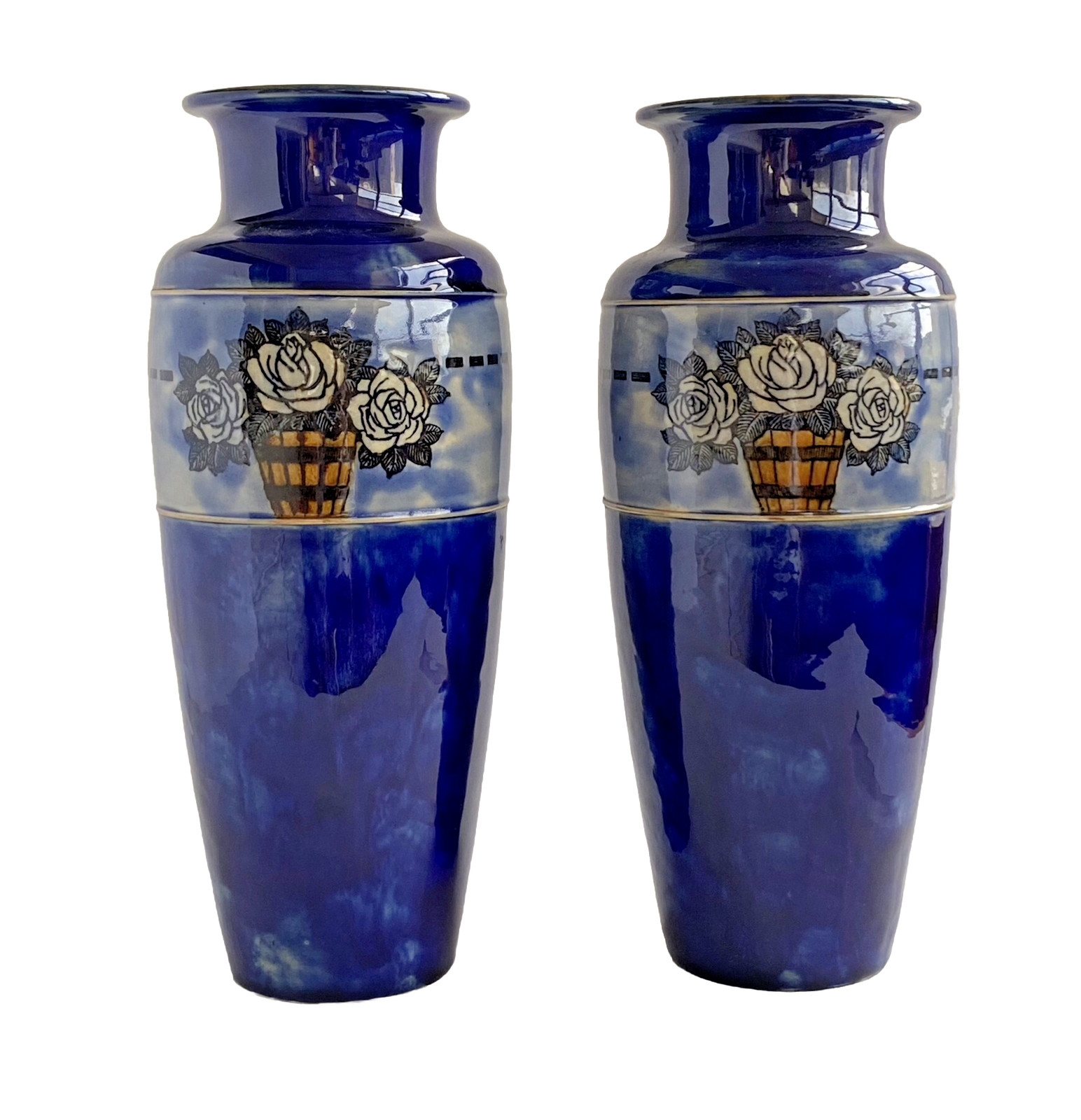 Royal Doulton Lambeth Ware Blue Rose Design Vases 13.0” Tall 1920’s Vintage Royal Doulton Lambeth Ware Blue Rose Design Vases 13.0” Tall 1920’s Vintage