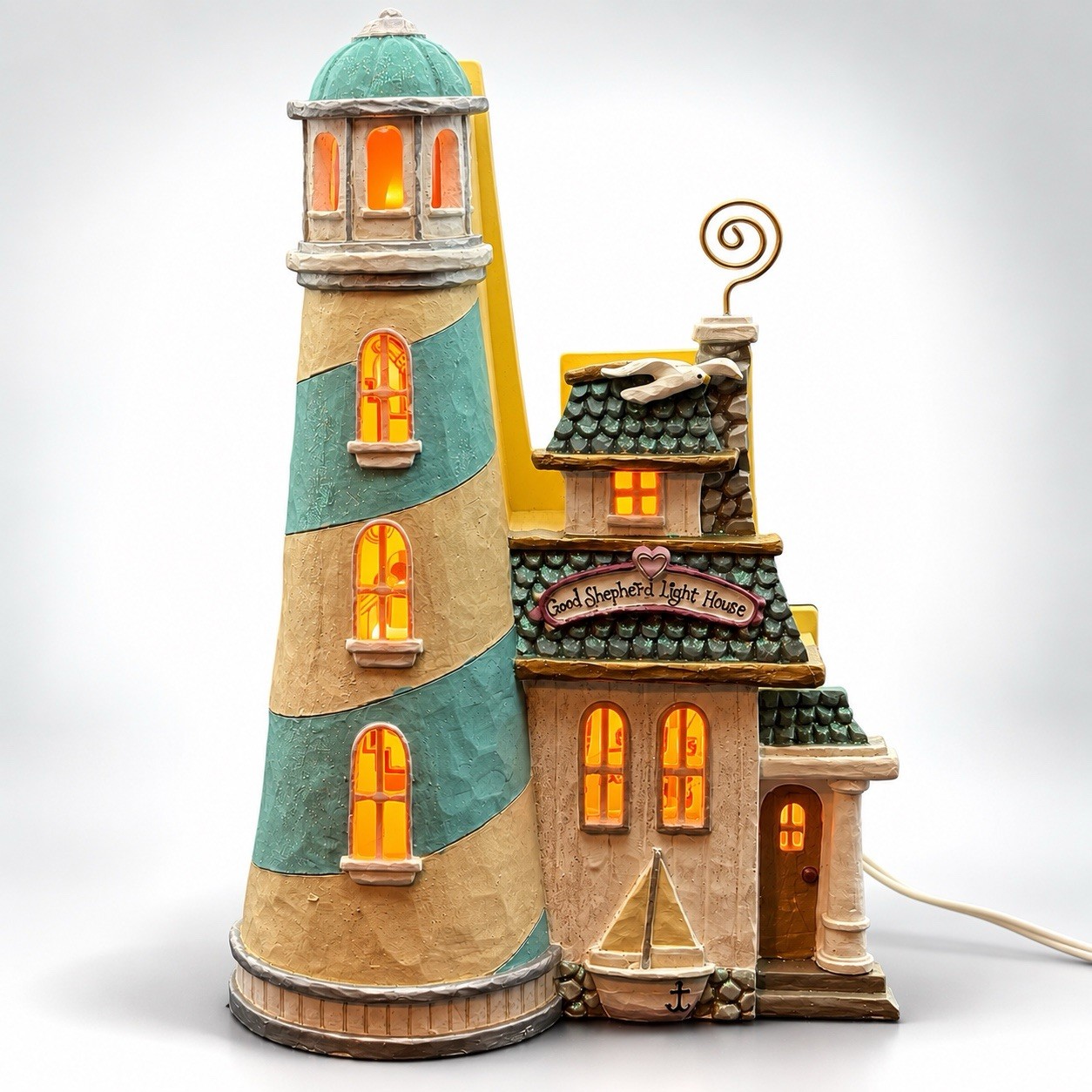 RARE Vintage Kurt Adler Angel Heights Good Shepherd Lighthouse Resin 12” TESTED