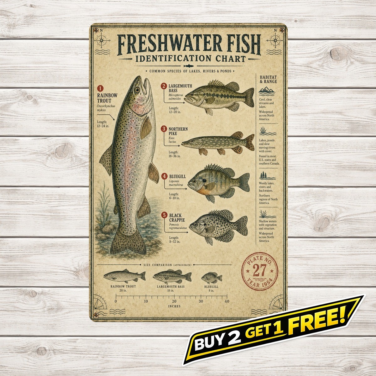 Freshwater Fish Identification Scientific Chart Metal Tin Sign 8x12