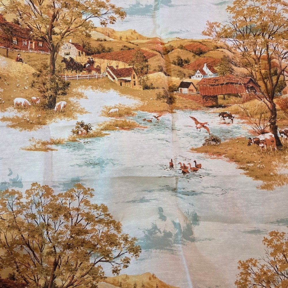 Vintage Countryside Fabric 2 Yds X 43 Cow Horses Barns 1960s Country Home 