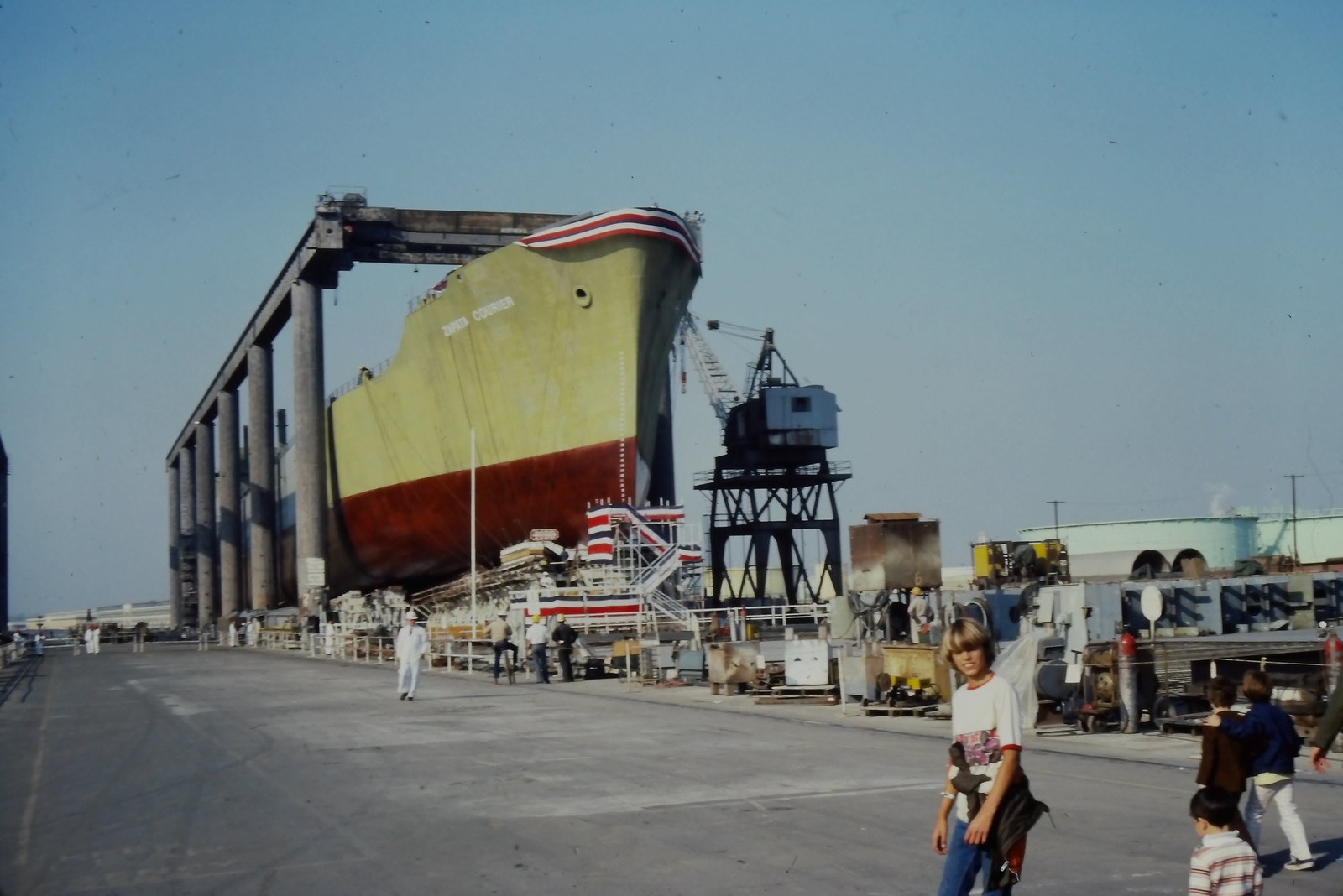 c1970\'s Kodachrome 35mm Slide, Zapata Courier Ship Launching Dry Dock yellow c1970\'s Kodachrome 35mm Slide, Zapata Courier Ship Launching Dry Dock yellow