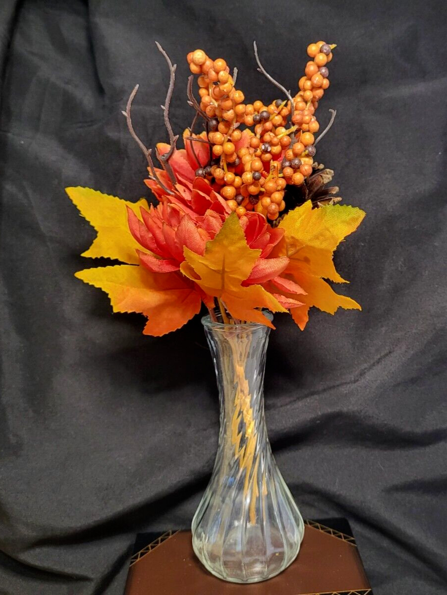Vintage 6in. Clear Swirl Hoosier Bud Vase Glass with mini Fall Bouquet