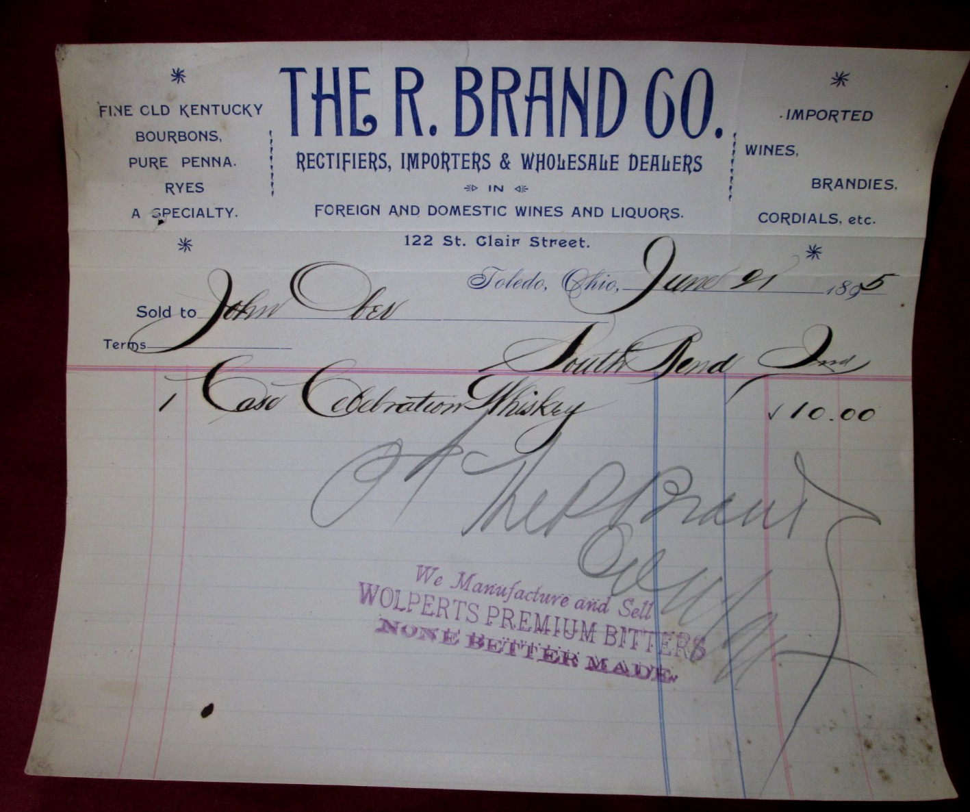 Vintage 1895 Invoice from The R. Brand Co. Toledo, Ohio Celebration Whiskey Vintage 1895 Invoice from The R. Brand Co. Toledo, Ohio Celebration Whiskey