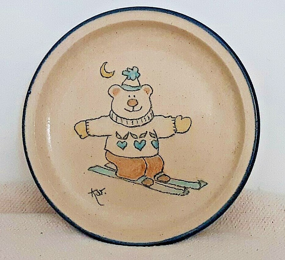 HAND TURNED MAGICAL SKI BEAR BEIGE/BLUE STONEWEAR 6.5 DIA.