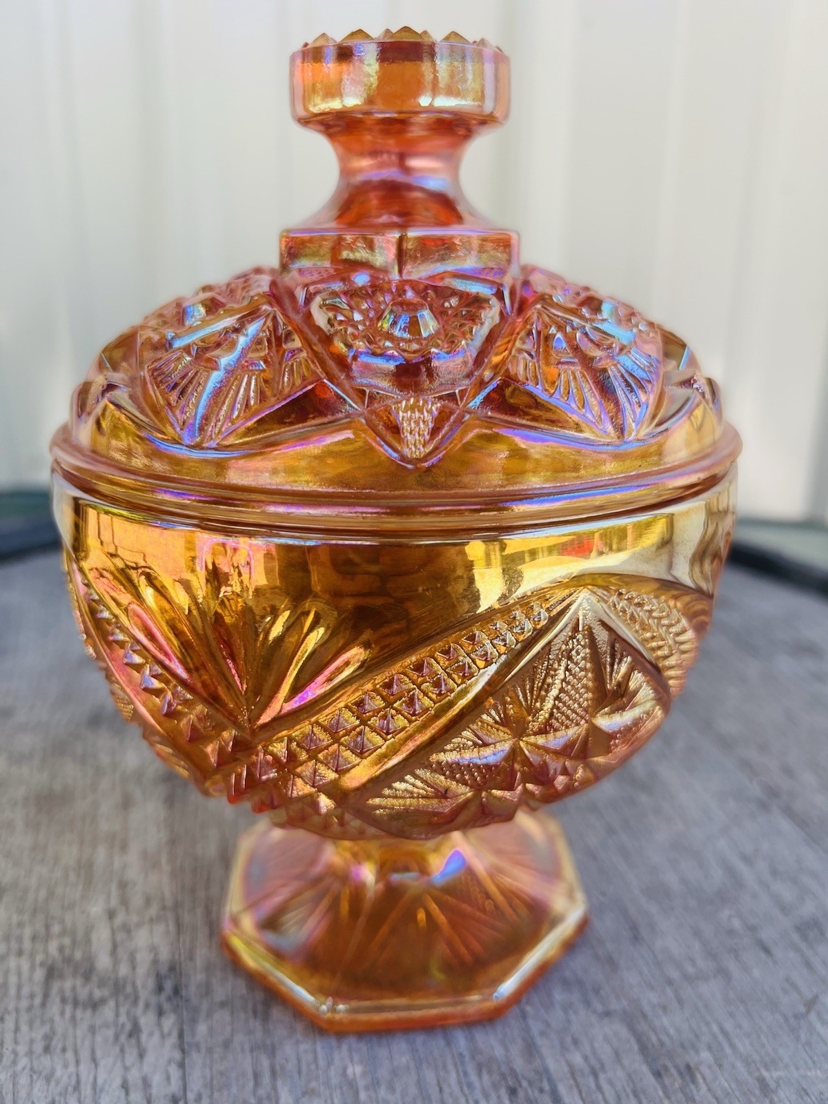 1950's Imperial  Marigold Carnival Glass Hobstar Candy Dish Eastern Star Pattern