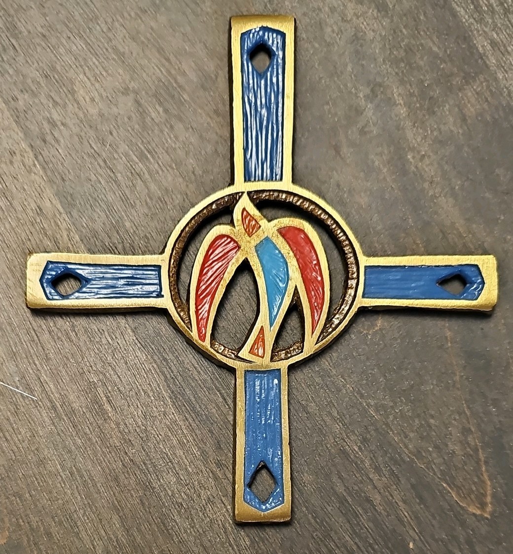 VTG Terra Sancta Guild Brass Enamel Cross w/ Dove - Made in Israel - Holy Spirit