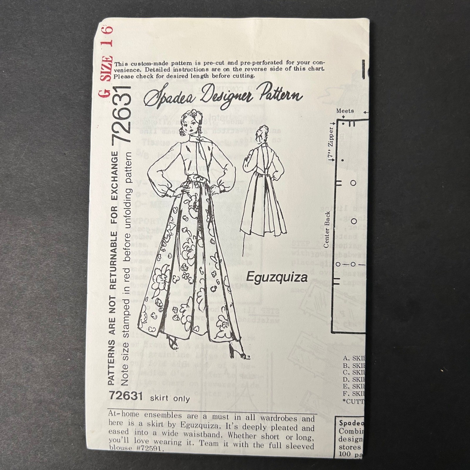 Vintage 70\'s Spadea Designer Pattern 72631 Eguzquiza Skirt Women Size 16