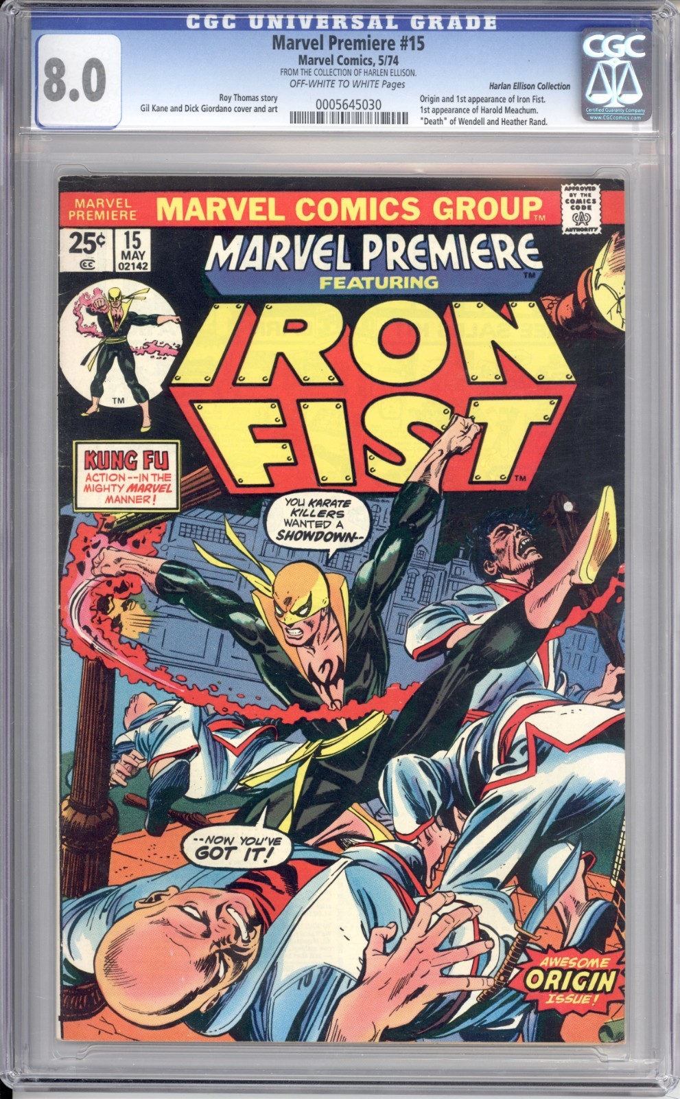 MARVEL PREMIERE #15 - CGC 8.0 - 1974 / 1ST IRON FIST / HARLAN ELLISON COLLECTION