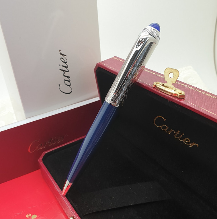 Cartier Guilloche Iced Blue Lacquer Ballpoint Pen New Box Luxury Gift Authentic