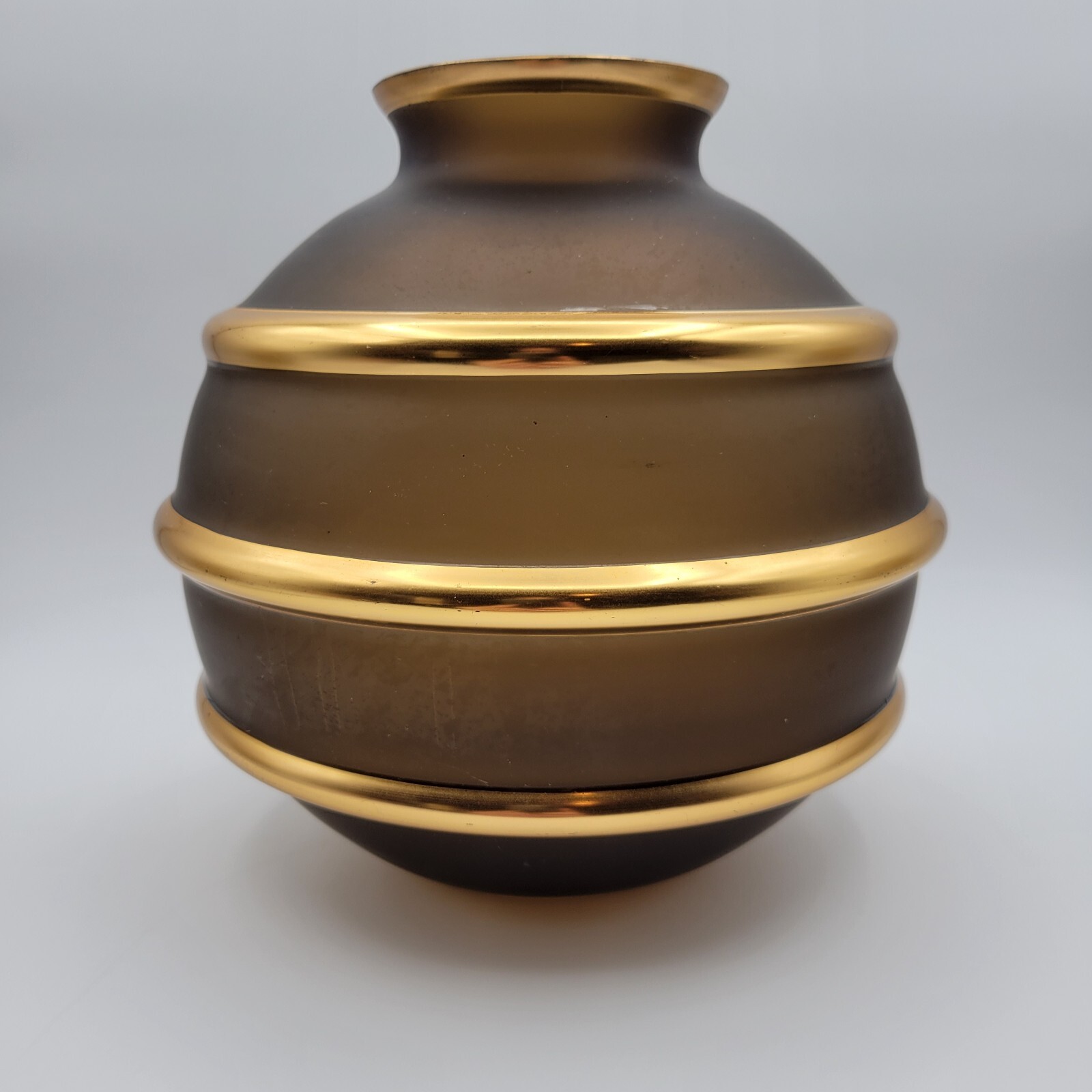 PODBIRA Art Deco Ball Vase Brown Translucent Satin Art Glass Gold Accent