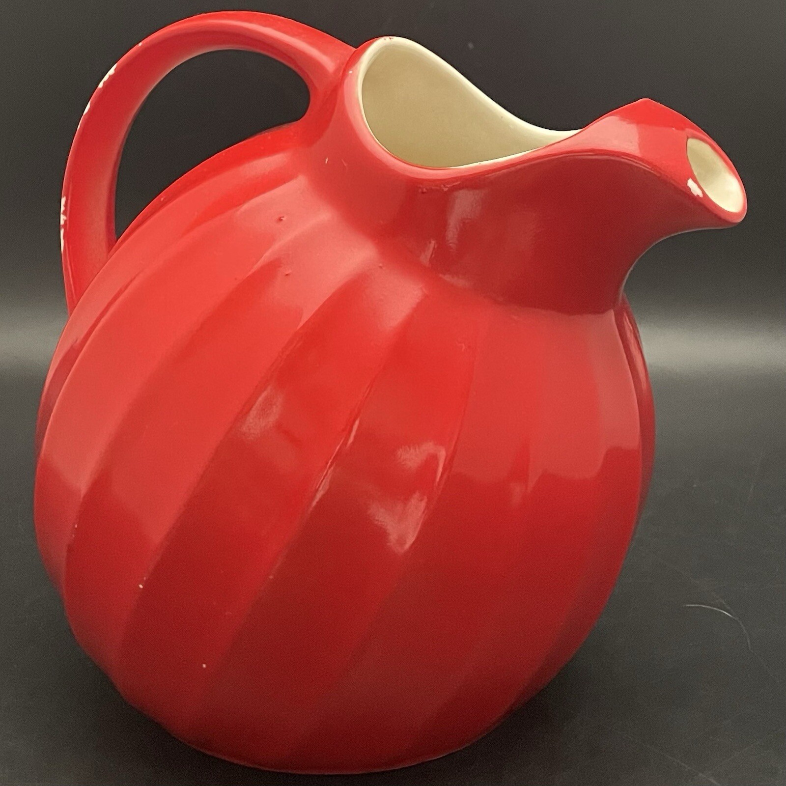 CG Ceramics Chinese Red Ribbed Tilt Ball Pitcher/Jug c1950s Made in USA 2 quart CG Ceramics Chinese Red Ribbed Tilt Ball Pitcher/Jug c1950s Made in USA 2 quart