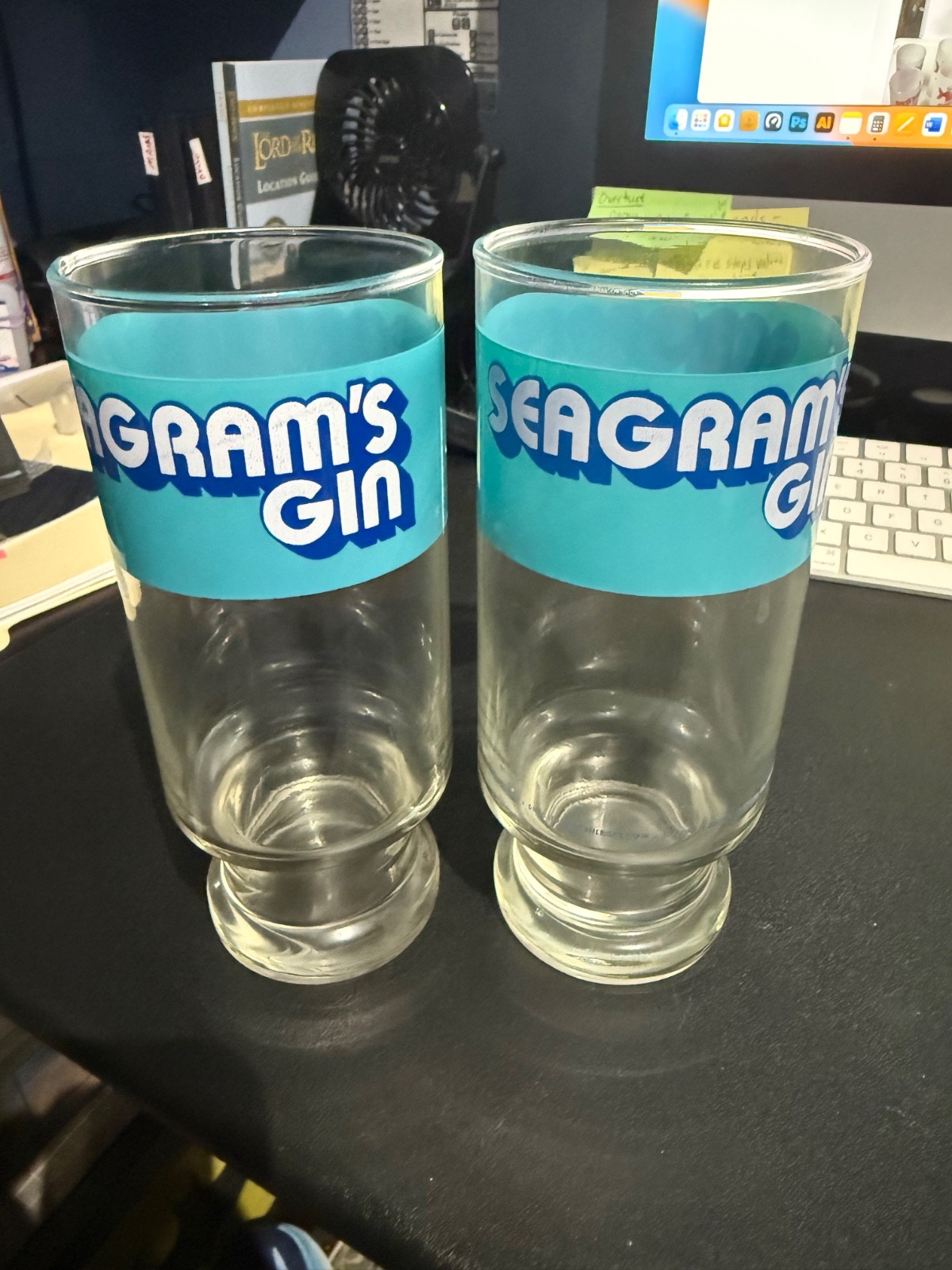 Vintage Seagram\'s Gin Advertising Footed Glasses Blue Logo Barware Cocktail RARE