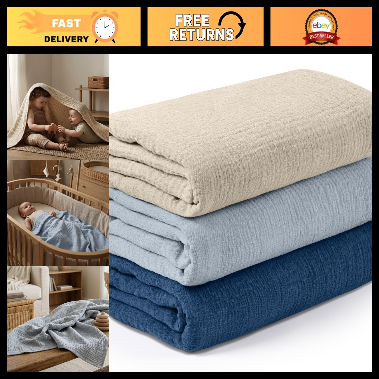 Muslin Swaddle Blankets for Newborn, 3 Pack Breathable Soft Receiving Blanket, L