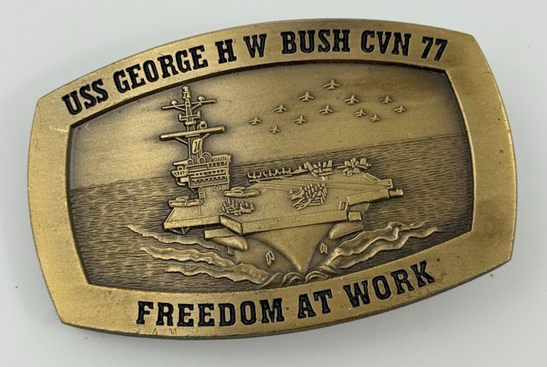 Vtg Military Navy USS George H W Bush CVN 77 belt buckle Aircraft Carrier Ship