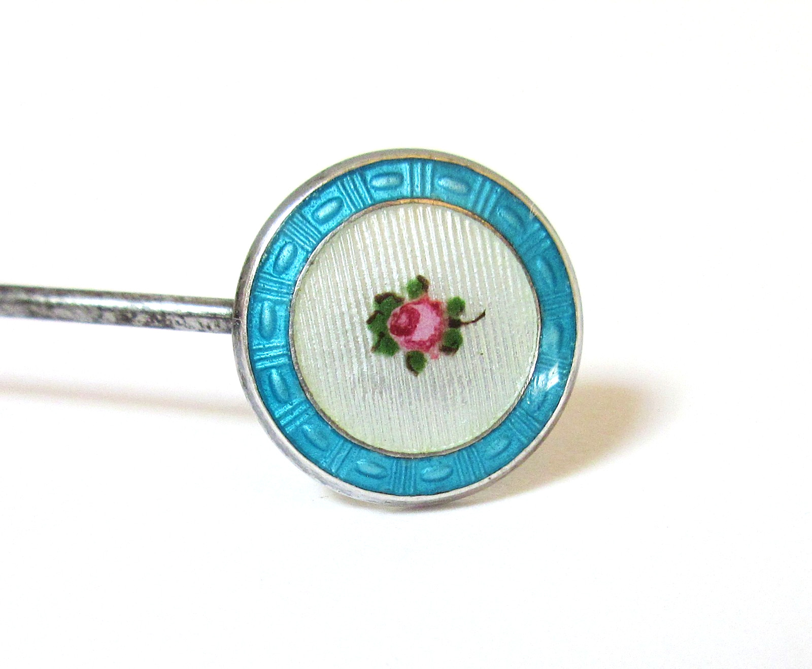 Petite Antique Hatpin Guilloche Enamel Flowers Sterling 1913