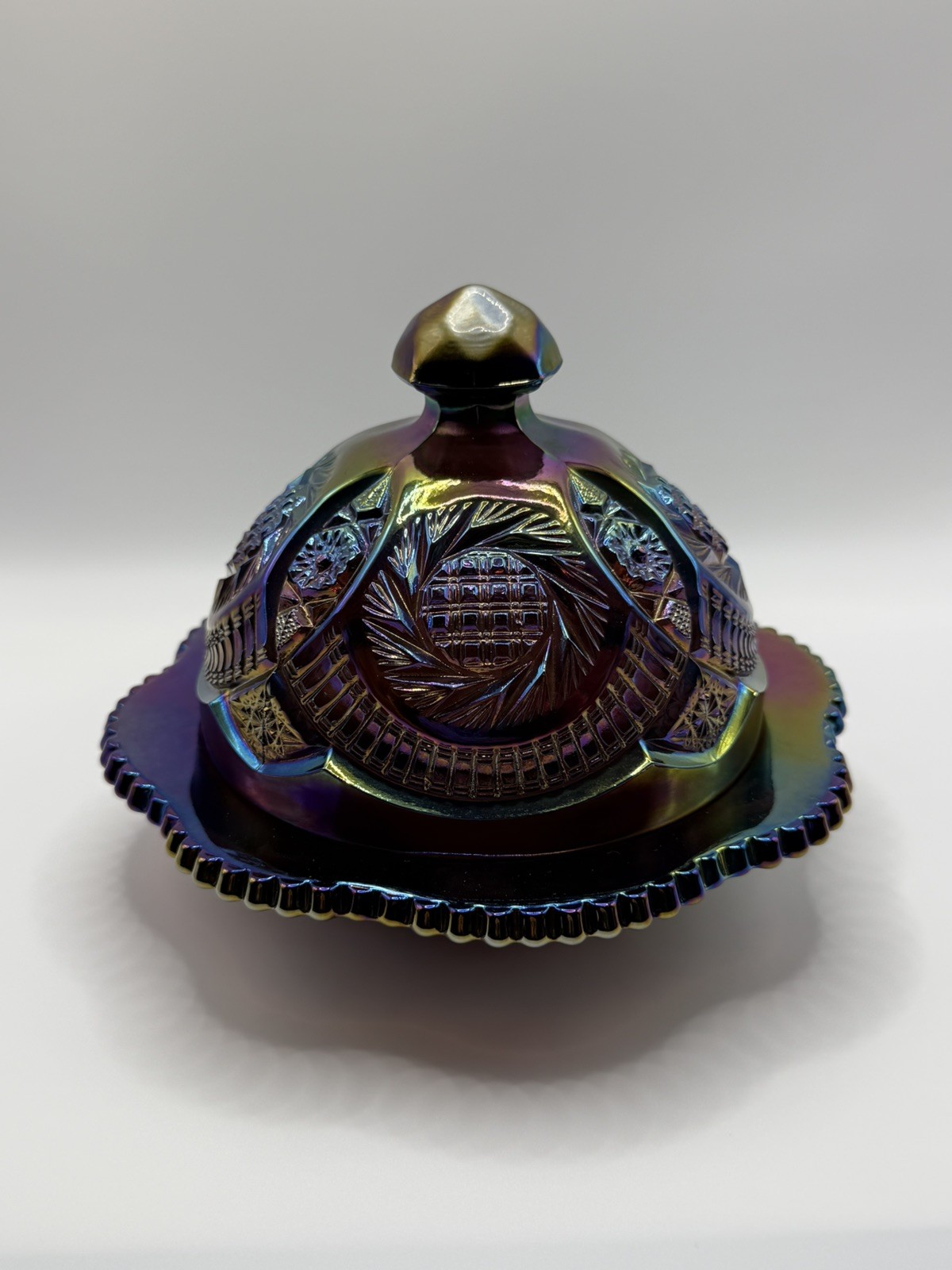 VTG LE Smith Amethyst Carnival Glass Dome Butter Dish Aztec Pinwheel Hobstar S VTG LE Smith Amethyst Carnival Glass Dome Butter Dish Aztec Pinwheel Hobstar S