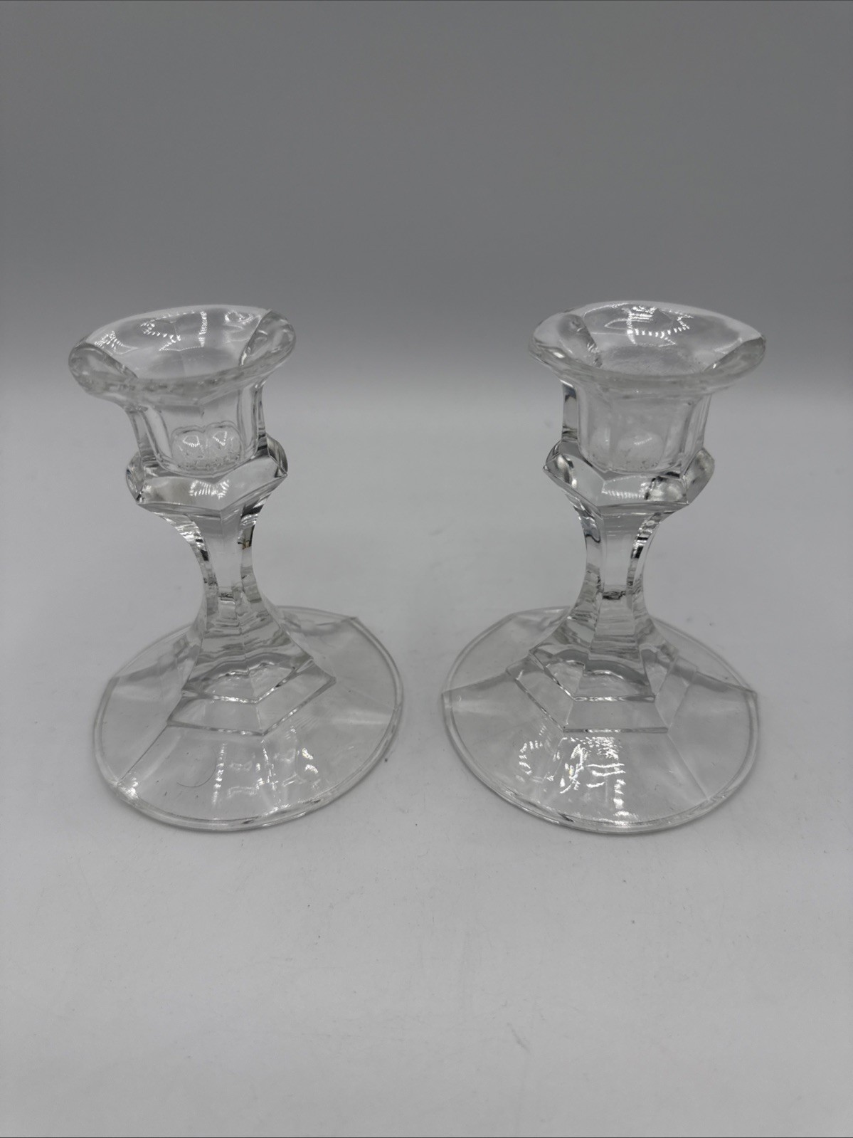 Vintage Clear Glass Candlestick Holders Pair Paneled Hex Base 4” Candleholders