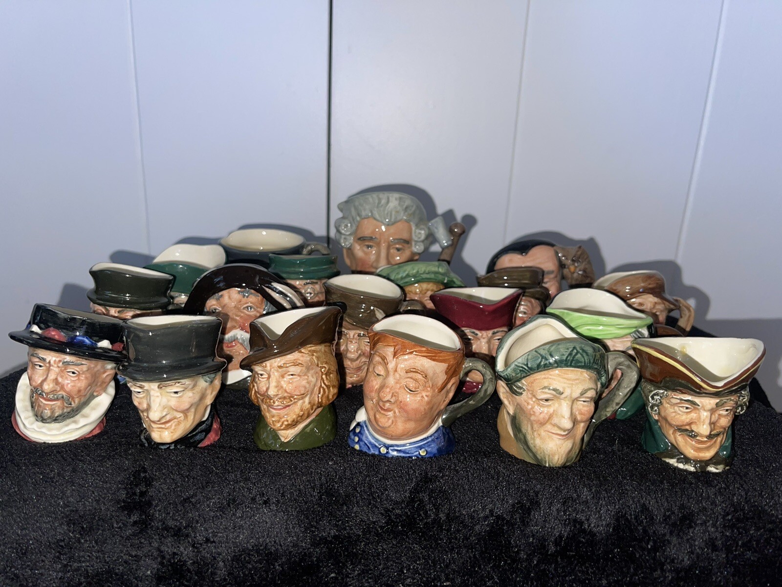Lot of 19 ROYAL DOULTON Mini Jugs Mugs Merlin W/Owl, Fat Boy, Robin Hood Etc Lot of 19 ROYAL DOULTON Mini Jugs Mugs Merlin W/Owl, Fat Boy, Robin Hood Etc