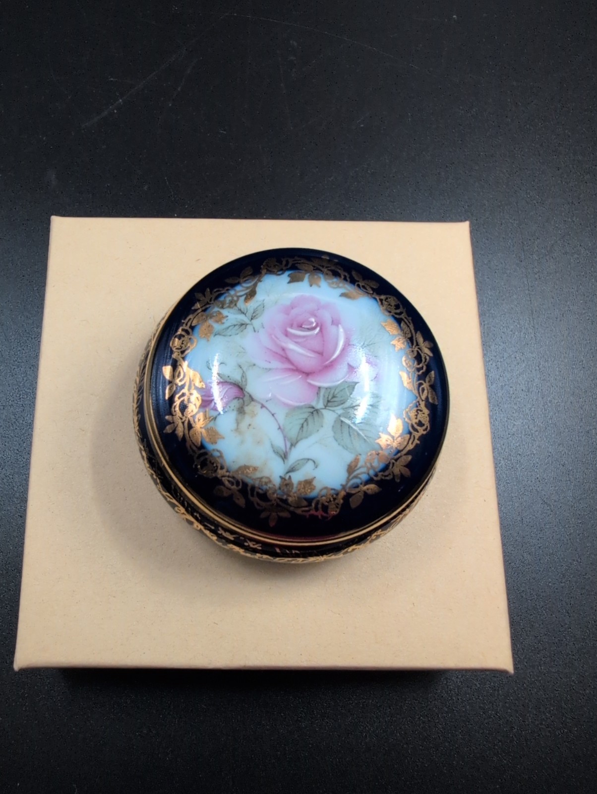 Vintage Limoges France Rehaussé Main Trinket Box Cobalt Blue Pink Rose Gold Trim Vintage Limoges France Rehaussé Main Trinket Box Cobalt Blue Pink Rose Gold Trim