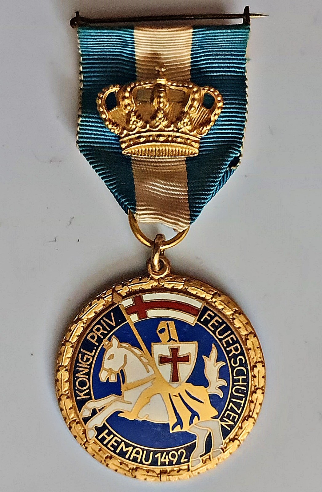 VINTAGE GERMANY GOLD ENAMEL MEDAL FEUERSCHUTZEN HEMAU 1492 BAVARIA RIFLE CLUB