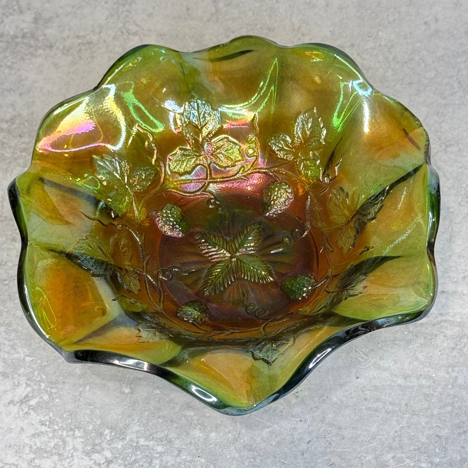 Northwood Green Carnival Glass Strawberry Ruffled Bowl Iridescent 7 Inch