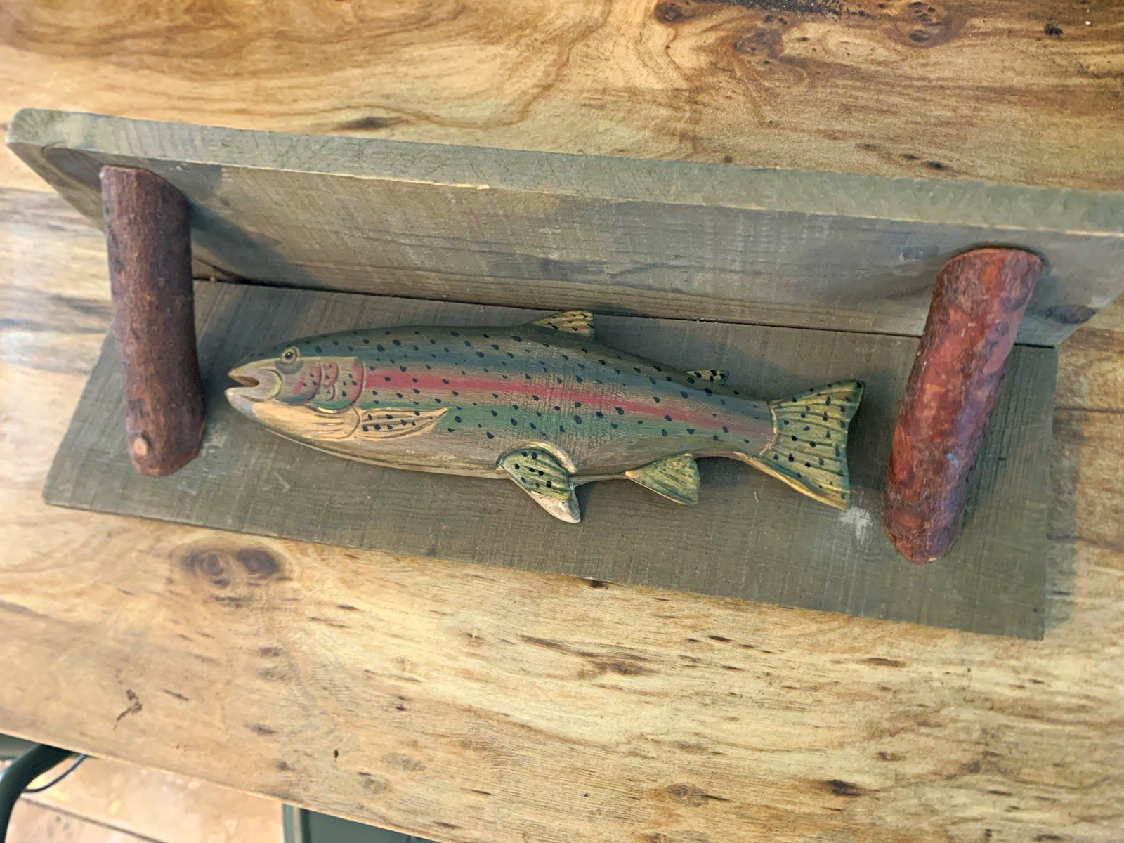 Vtg Hand-Carved & Painted Wooden Rainbow Trout Wall Shelf Rustic Cabin Decor Vtg Hand-Carved & Painted Wooden Rainbow Trout Wall Shelf Rustic Cabin Decor