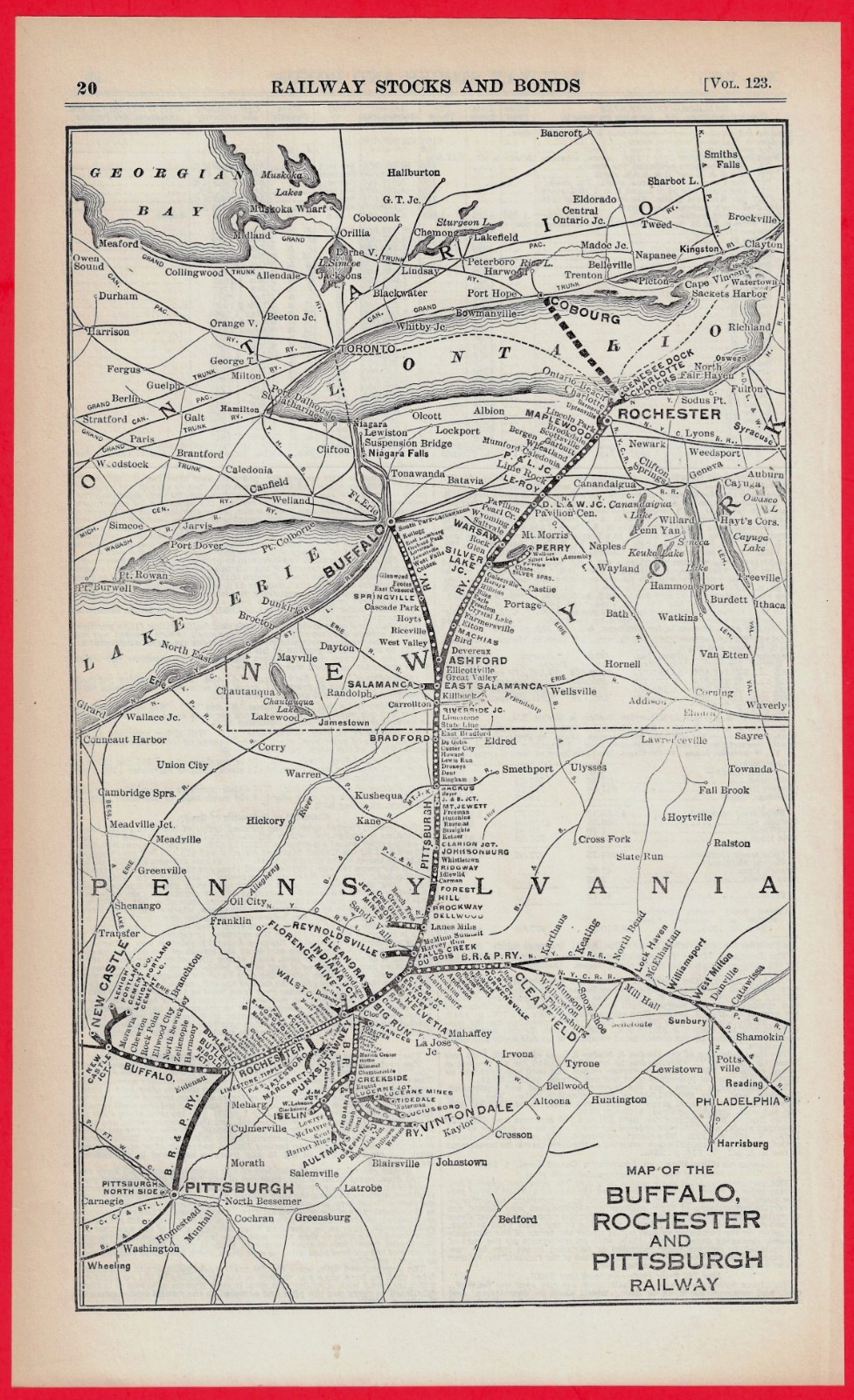 1926 Buffalo Rochester & Pittsburgh Railway Map ~ Vintage BR&P RR